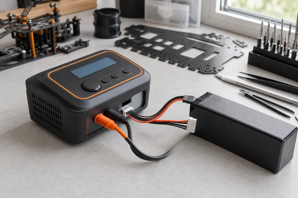 Chargeur de modélisme relié à un pack LiPo par son cordon principal et sa prise d&rsquo;équilibrage