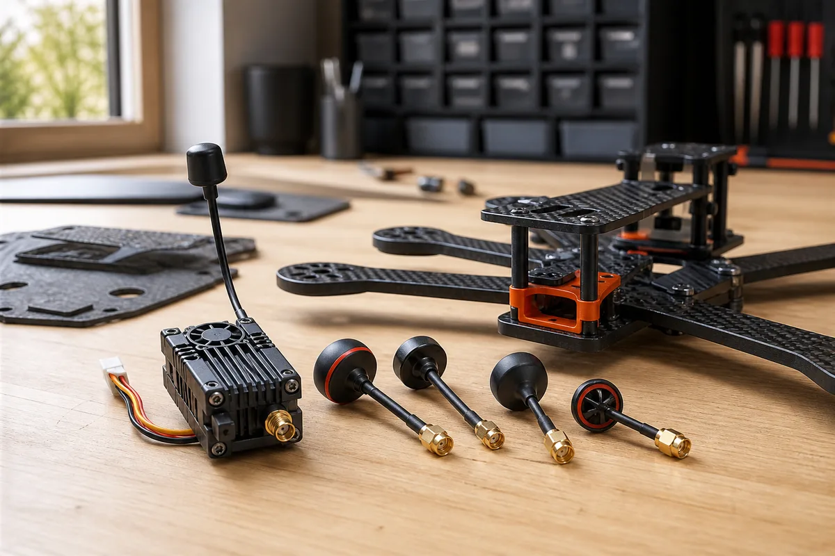 Émetteur vidéo 5,8 GHz et jeu d’antennes posés sur un plan de travail à côté d’un châssis de drone