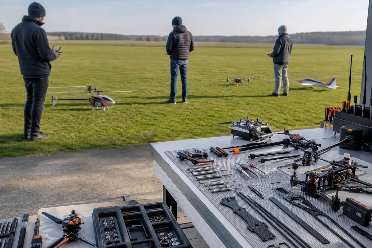 Trois pilotes sur un terrain herbeux, radios en mains, machines posées à distance les unes des autres