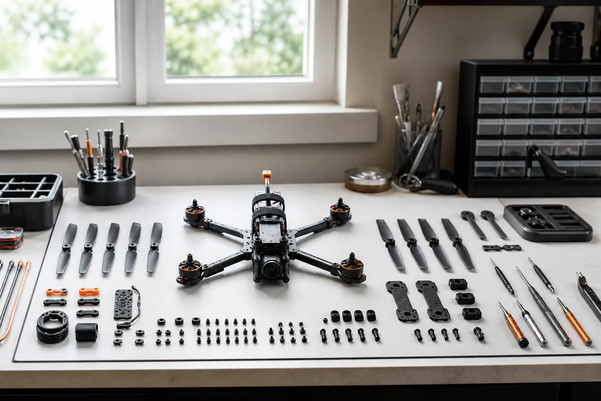 Drone de course en vol stationnaire au-dessus d'un terrain dégagé, radiocommande au premier plan
