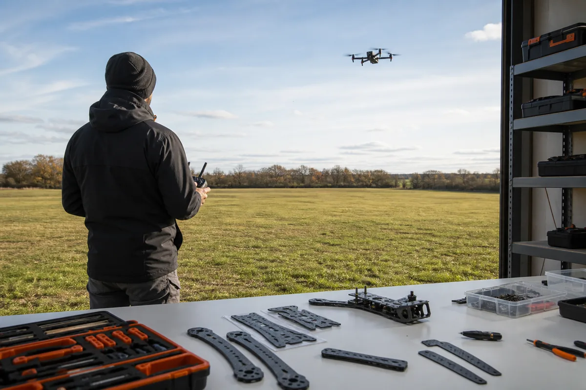 Télépilote debout dans un champ dégagé, radiocommande en mains, drone en vol à distance visible