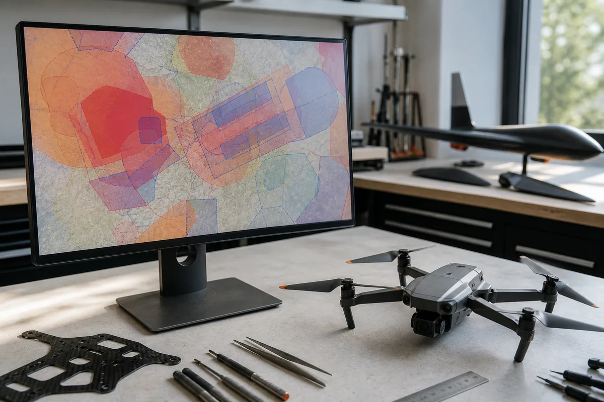 Carte de zones aériennes affichée sur un écran, avec un drone posé à côté sur une table
