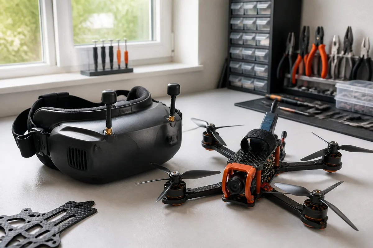 Masque FPV posé sur une table de terrain avec ses deux antennes montées et un quadricoptère à côté