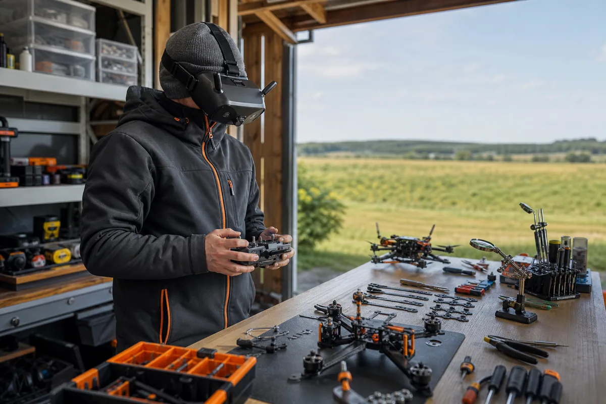 Pilote portant le masque FPV, sangle de tête ajustée, télécommande radio en mains dans un champ