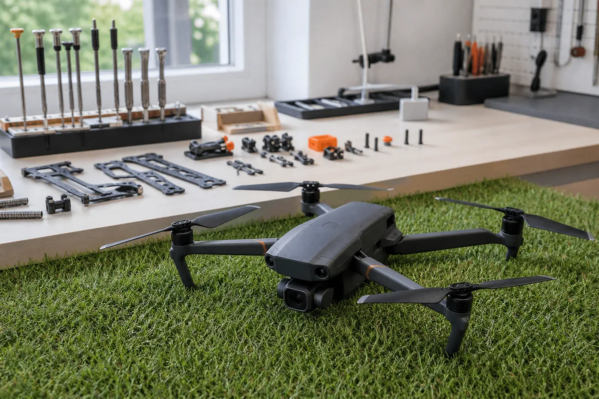 Drone GPS à bras repliables posé sur l&rsquo;herbe, caméra visible sous le fuselage