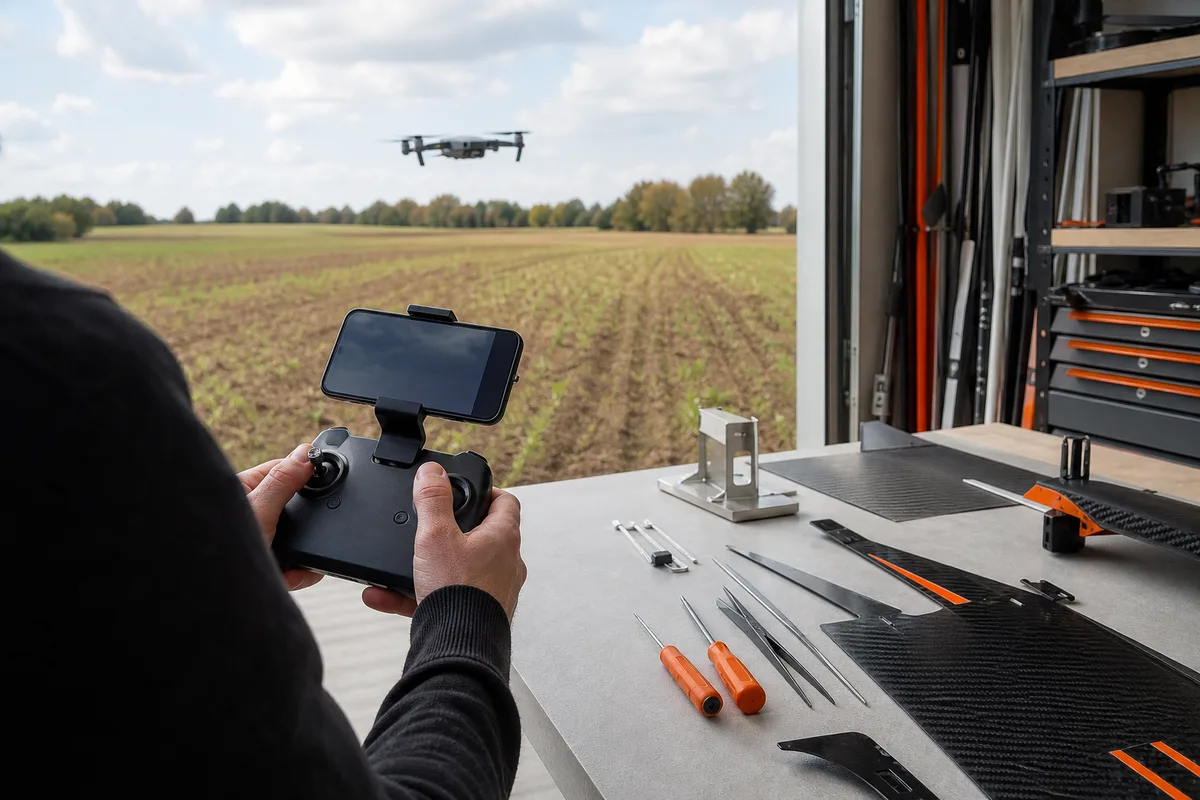 Pilote tenant une radiocommande avec un téléphone fixé, drone en vol stationnaire au-dessus d&rsquo;un champ