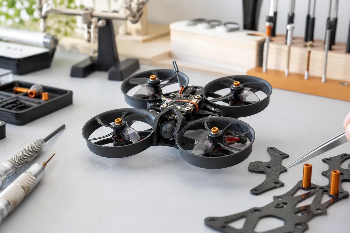 Micro-drone caréné de 75 millimètres posé sur une table, hélices et carénages visibles de près