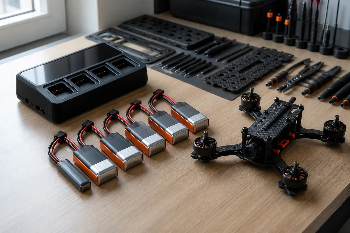 Série de petits packs LiPo alignés à côté d&rsquo;un chargeur multiport et d&rsquo;un micro-drone