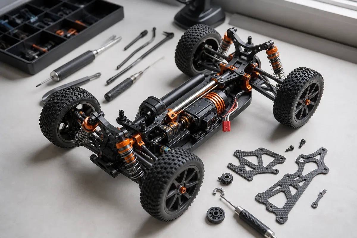 Vue du châssis de la WLtoys 144001 carrosserie retirée, avec la transmission centrale et les amortisseurs à huile