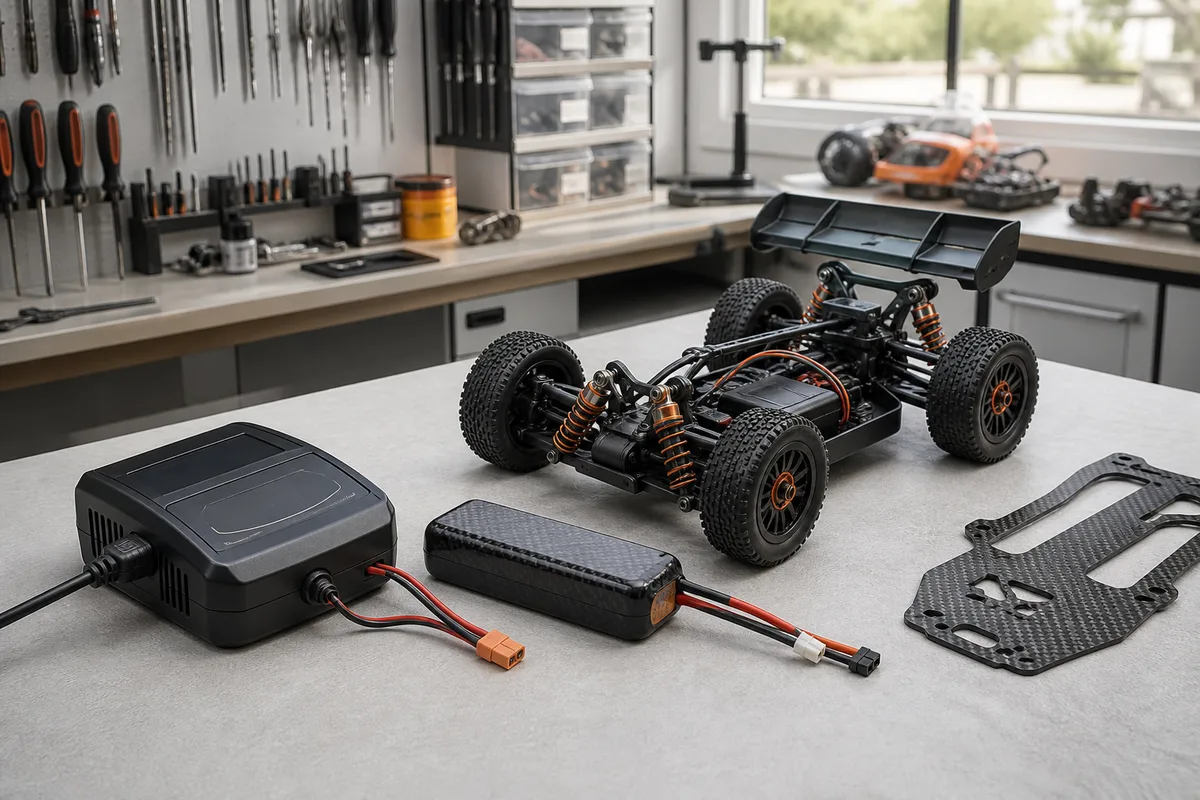 Pack LiPo 7,4 V et chargeur posés à côté de la voiture radiocommandée sur un établi